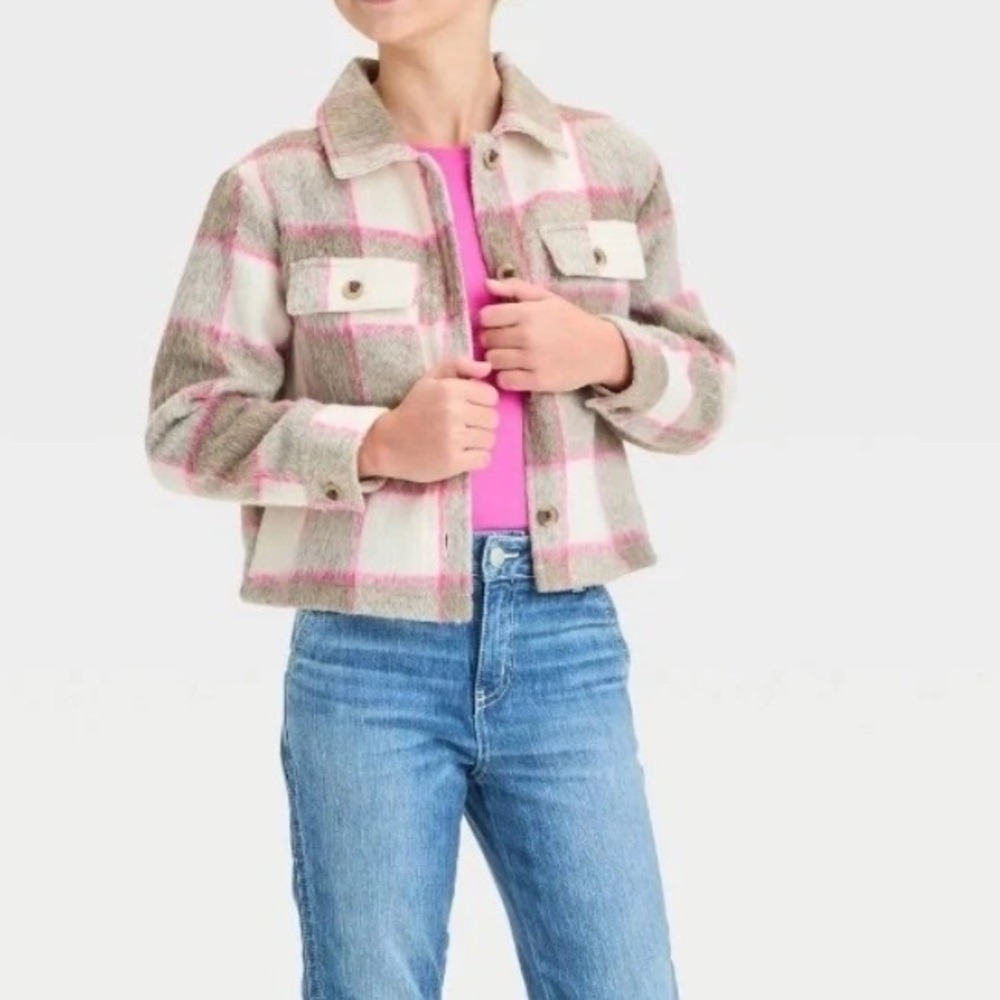 Cat & Jack Girls Pink Plaid Shacket Button Front Shirt Jacket Size S 6/7 NEW